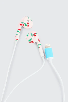 Ardene Cherry Print Lightning Earbuds with Controller in White
