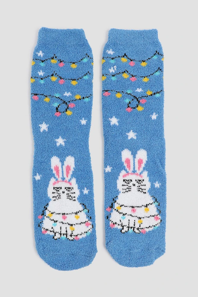 Ardene Grumpy Cat with Bunny Ears Crew Socks in Blue | Polyester/Spandex