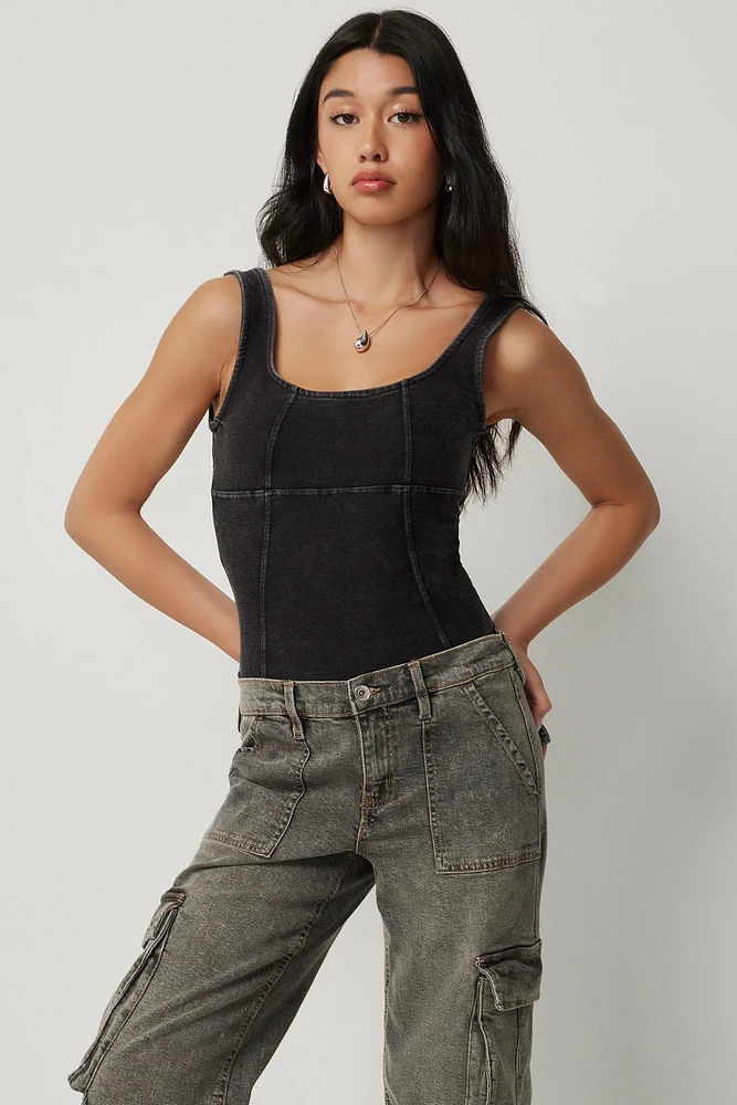 Ardene Washed Denim Bodysuit in Black | Size | Polyester/Cotton/Elastane