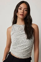 Ardene A.C.W. Sequined Ruched Crop Tank Top in Silver | Size | Polyester/Elastane