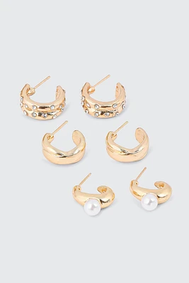 Ardene 3-Pack Pearl & Stone Hoop Earrings in Gold | Stainless Steel
