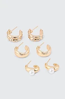 Ardene 3-Pack Pearl & Stone Hoop Earrings in Gold | Stainless Steel