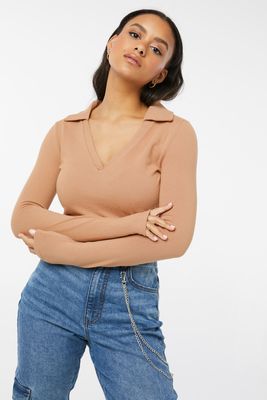 Ardene Johnny Collar Long Sleeve Cropped Top in Brown | Size | Polyester/Rayon/Spandex