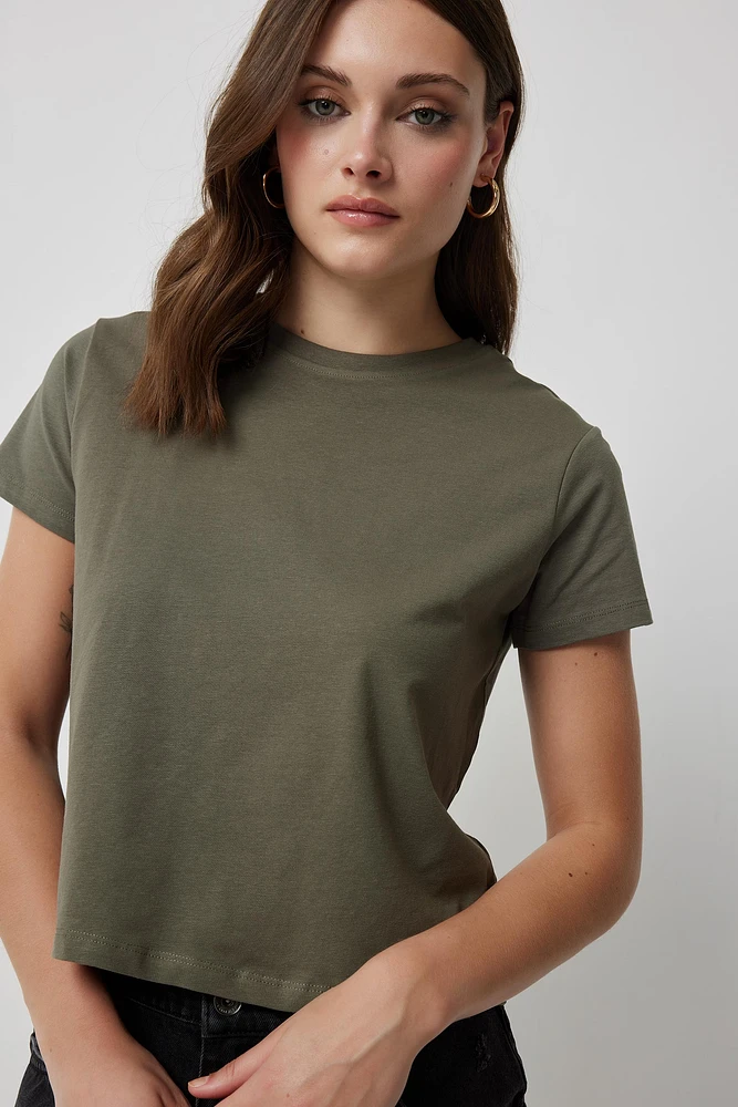 Ardene Basic Crop Short Sleeve T-Shirt in Khaki | Size XS | Cotton/Elastane | Eco-Conscious