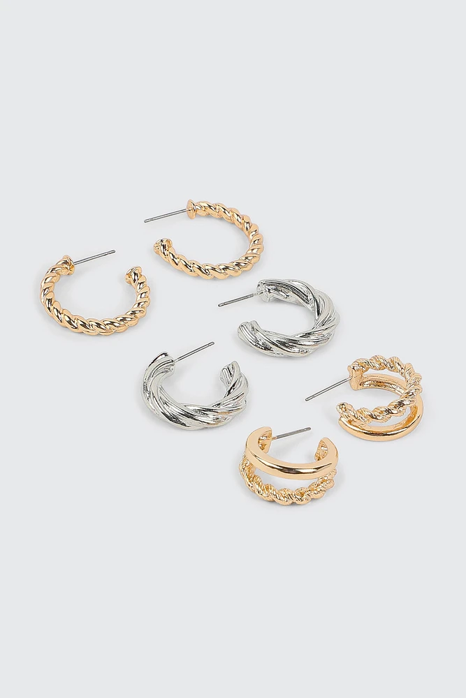 Ardene 3-Pack Twisted Hoop Earrings in Gold | Stainless Steel