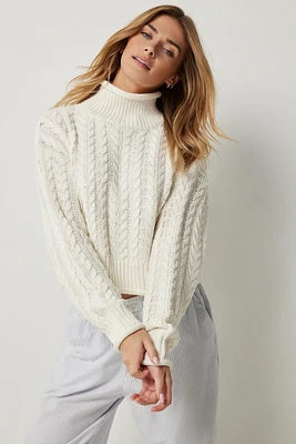 Ardene Crop Mock Neck Cable Sweater in White | Size | 100% Acrylic