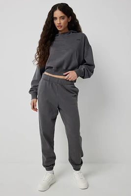 Ardene Slouchy Sweatpants with Wide Waistband in Dark Grey | Size | Polyester/Cotton | Fleece-Lined