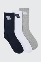 Ardene 3-Pack Good Vibes Crew Socks in Black | Polyester/Spandex