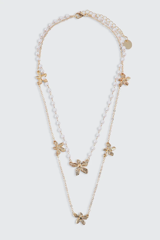 Ardene 2-Row Pearl & Flower Necklace in Gold