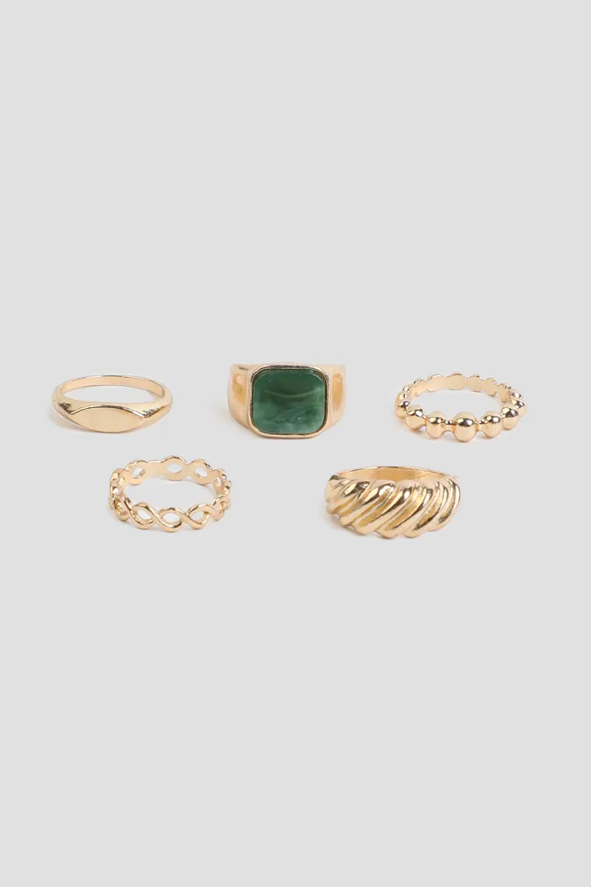 Ardene 5-Pack Gold-Tone Rings with Green Stone | Size Small