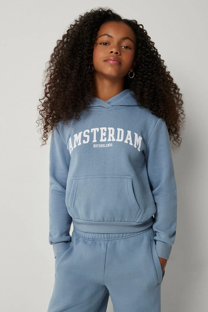 Ardene Kids Destination Hoodie in Medium Blue | Size | Polyester/Cotton | Fleece-Lined