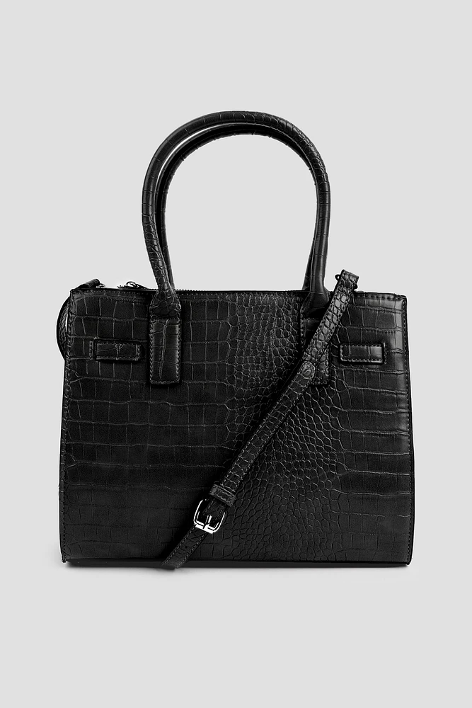 Ardene Croc Embossed Tote Bag in Black | Faux Leather/Polyester