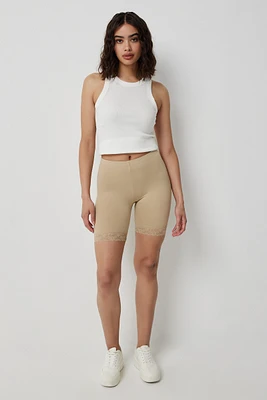 Ardene Basic Lace-Trim Biker Shorts in Beige | Size | Polyester/Elastane | Eco-Conscious