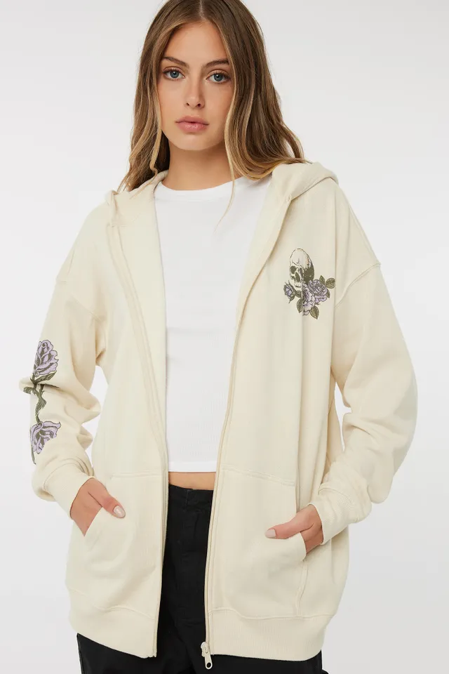 Ardene Oversized Graphic Zip-Up Hoodie in Beige, Size Small, Polyester/Cotton, Fleece-Lined