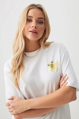 Ardene Food Print Oversized T-Shirt in White | Size | Cotton/Elastane