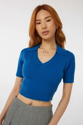 Ardene Short Sleeve Johnny Collar Sweater in Blue | Size | Nylon