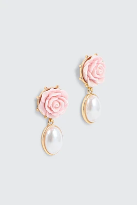 Ardene Rose & Pearl Drop Earrings in Light Pink | Stainless Steel