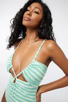 Ardene Cutout Plunge One-Piece Swimsuit in Light Green | Size | Polyester/Nylon/Spandex | Microfiber
