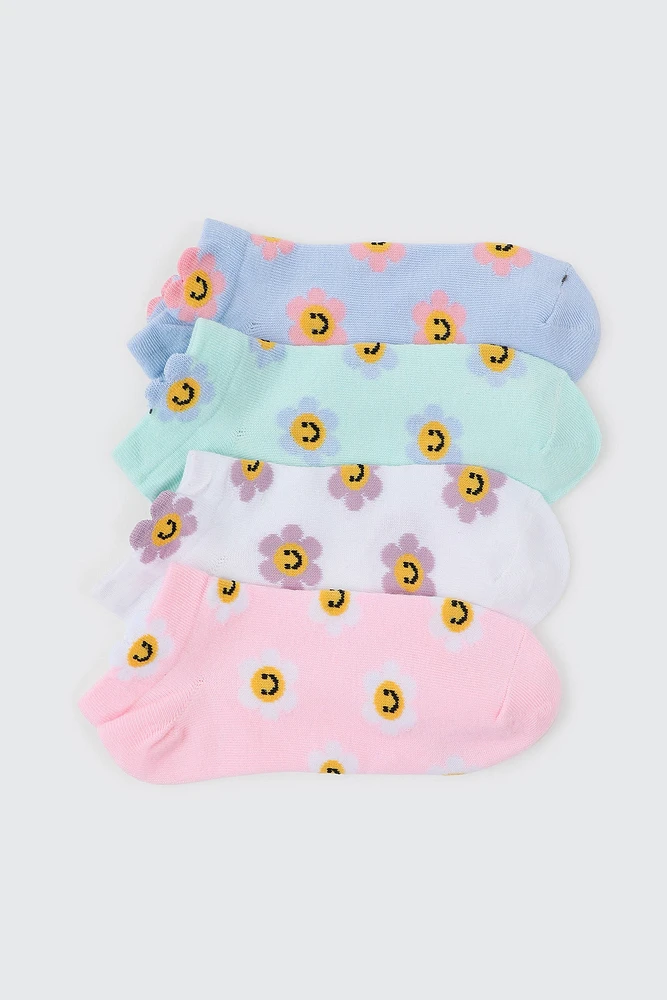 Ardene Kids 4-Pack of Smiley Flower Ankle Socks | Polyester/Spandex