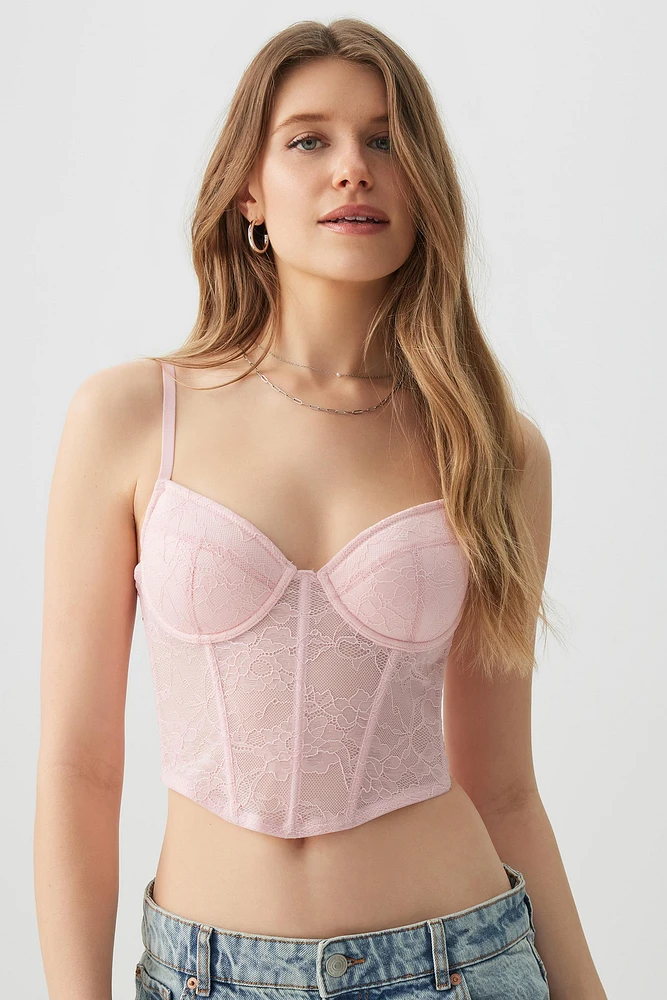 Ardene Ultra Crop Lace Bustier in Light Pink | Size | Nylon/Elastane