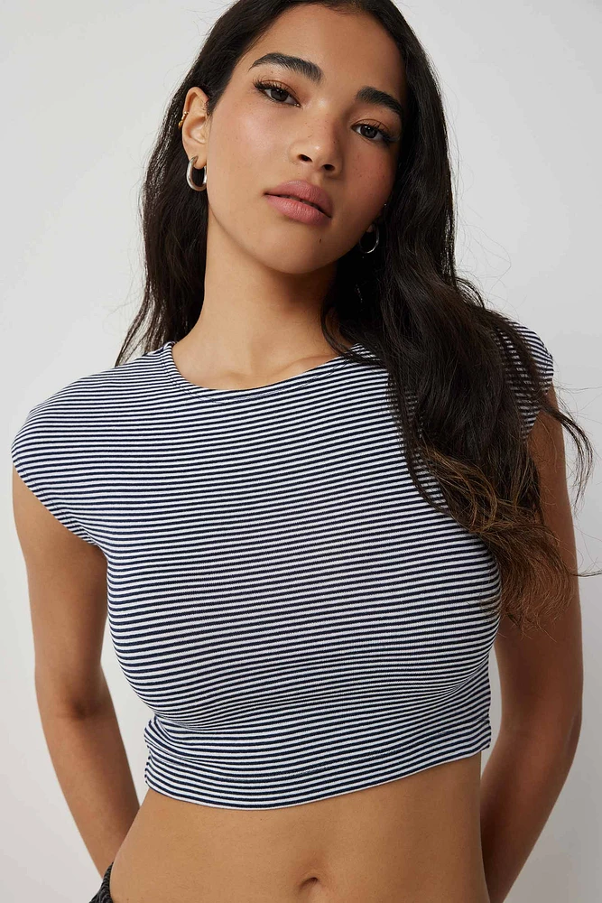 Ardene Ultra Crop Cap Sleeve T-Shirt in Dark Blue | Size | Cotton/Elastane