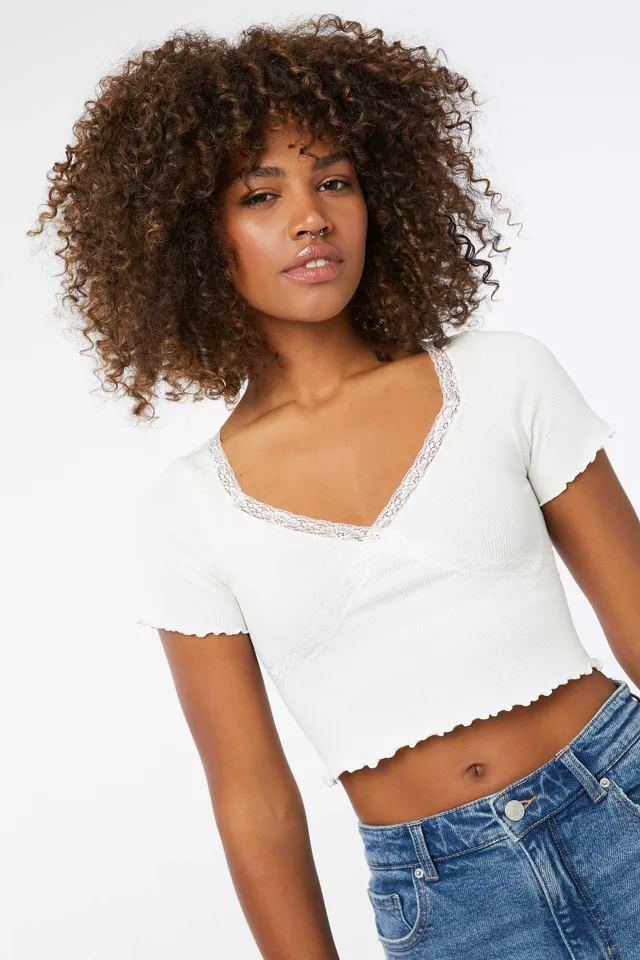 Ardene Lace Trim Ultra-Cropped Top in, Size, Polyester/Nylon/Spandex