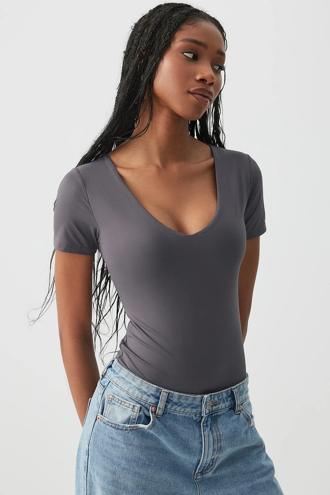 Ardene Contour V-Neck Short Sleeve Bodysuit in Dark Grey | Size | Elastane/Polyamide