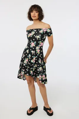 Ardene Super Soft Floral Off Shoulder Dress in Black | Size | Polyester/Spandex