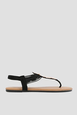 Ardene Medallion T-Strap Flat Sandals in | Size | Faux Leather