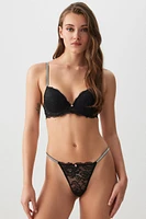 Ardene String Panty with Rhinestone Detail in Black | Size | Nylon/Elastane