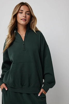 Ardene Oversized Half-Zip Mock Neck Sweatshirt in Dark Green | Size | Polyester/Cotton | Eco-Conscious