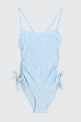 Ardene Kids Side Tie One Piece Swimsuit in Light Blue | Size | Polyester/Spandex/Elastane
