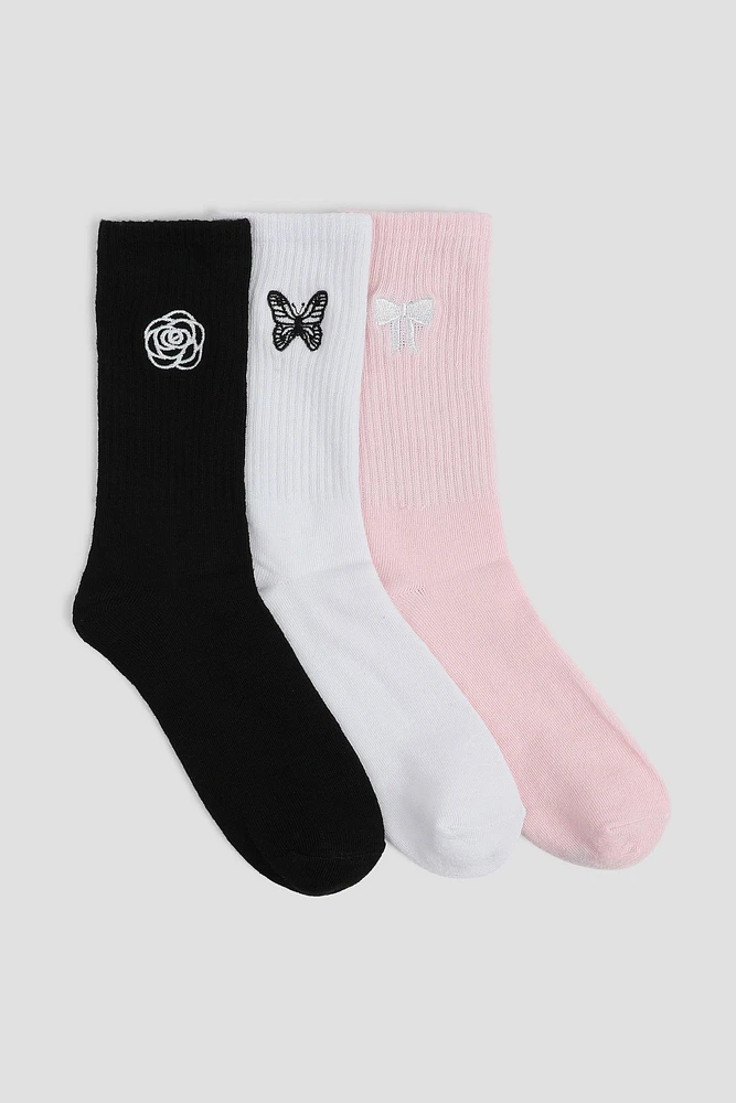 Ardene 3-Pack of Embroidered Crew Socks | Polyester/Spandex