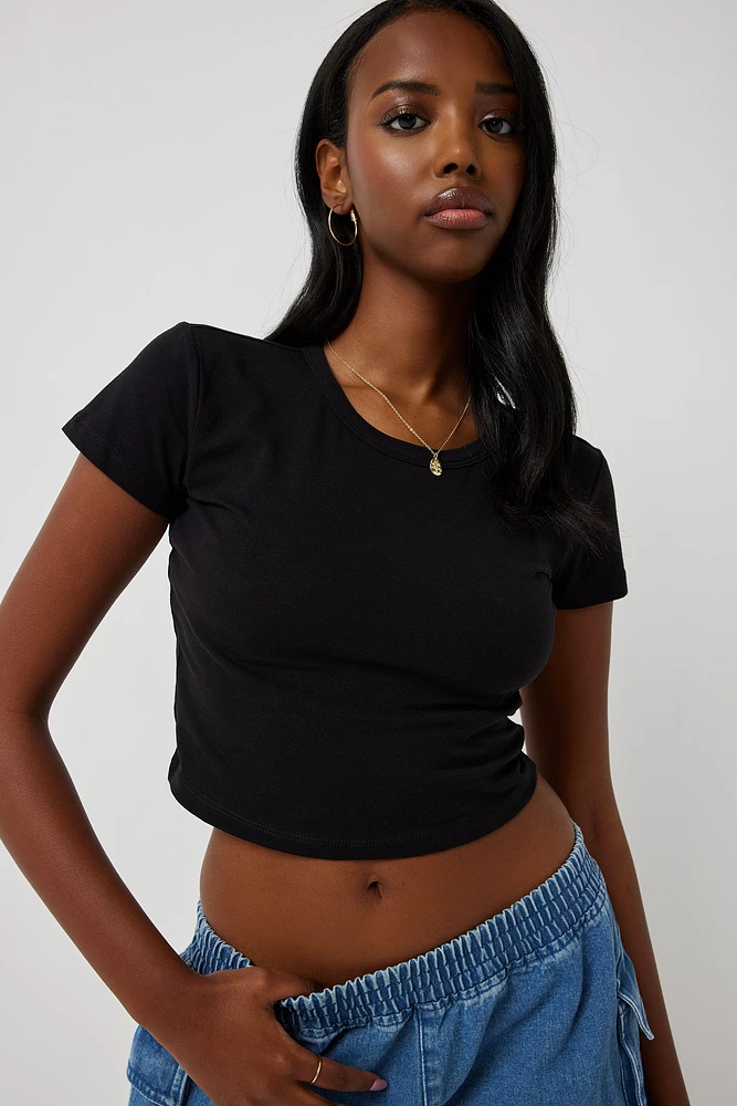 Ardene Basic Ultra Crop Crew Neck T-Shirt in | Size | Cotton/Elastane | Eco-Conscious