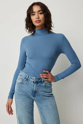 Ardene Super Soft Ribbed Turtleneck Top in Medium Blue | Size | Polyester/Elastane