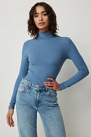 Ardene Super Soft Ribbed Turtleneck Top in Medium Blue | Size | Polyester/Elastane