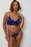 Ardene Satin & Lace Strappy Thong in Dark Blue | Size Small | Nylon/Elastane