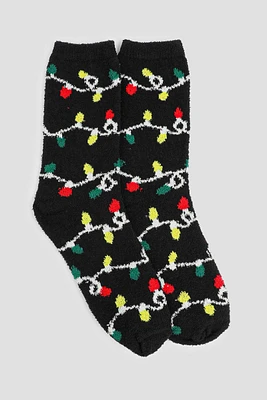 Ardene Christmas Lights Cozy Socks in Black | Polyester/Spandex