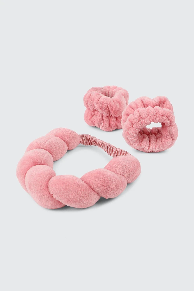 Ardene Spa Headband & Wristband Set in Medium Pink | Polyester