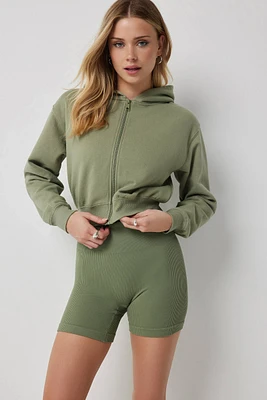 Ardene Cropped Zip-Up Hoodie in Khaki | Size | Polyester/Cotton | Fleece-Lined | Eco-Conscious