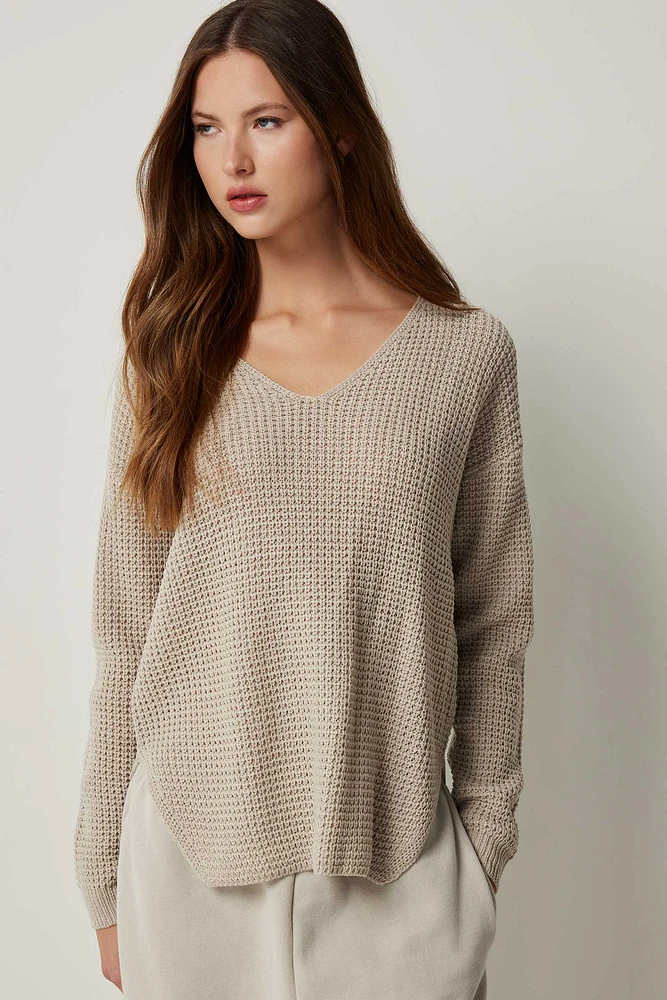 Ardene Shaker Stitch V-Neck Sweater in Beige | Size | 100% Acrylic