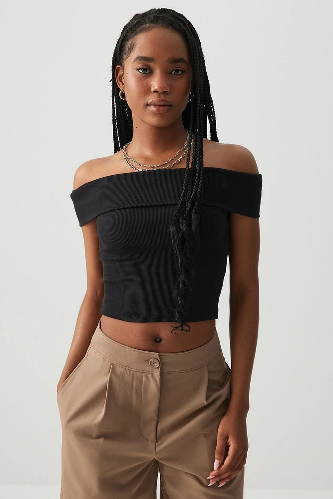 Ardene Rib Off Shoulder Crop Top in | Size | Cotton/Elastane