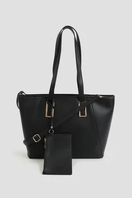 Ardene Faux leather Tote Bag with Pouch in Black | Faux Leather/Polyester