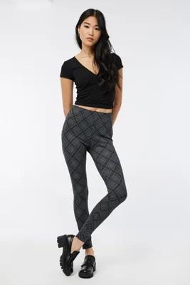 Ardene Plaid Leggings with Side-Zipper in Grey | Size | Polyester/Spandex
