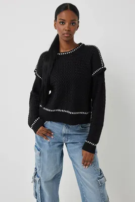 Ardene Contrast Stitching Sweater in Black | Size | 100% Acrylic