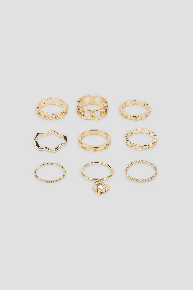 Ardene 9-Pack of Heart Gold Rings | Size