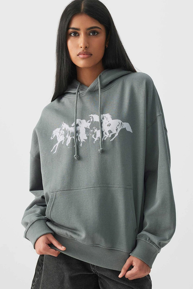 Ardene Washed Graphic Hoodie in Dark Green | Size | Polyester/Cotton | Fleece-Lined