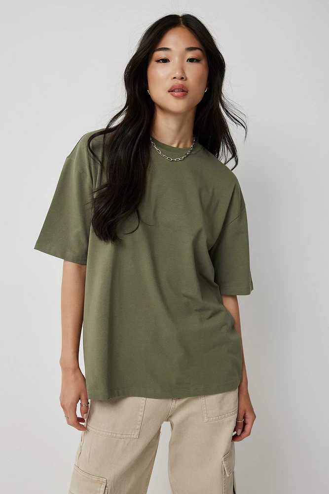 Ardene Basic Organic Cotton Oversized T-Shirt in Khaki | Size | Cotton/Elastane | Eco-Conscious