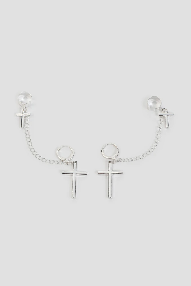 Ardene Cross Ear Cuffs and Hoops in Silver | Stainless Steel