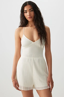 Ardene Lace Up Back Crochet Romper in White | Size | Polyester